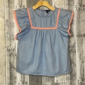 NAUTICA girls blue chambray w/ bright coral crocheted detailing. Size XL-16. EUC